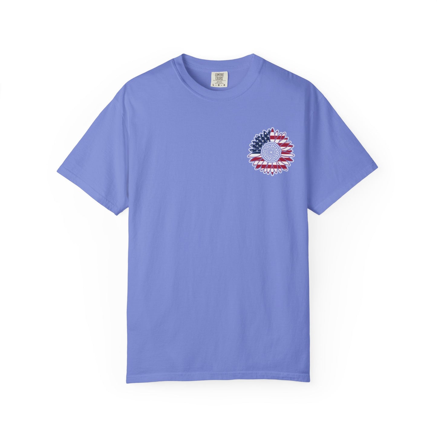 American Flag Messy Bun & Sunglasses with Patriotic Sunflower Back Tee