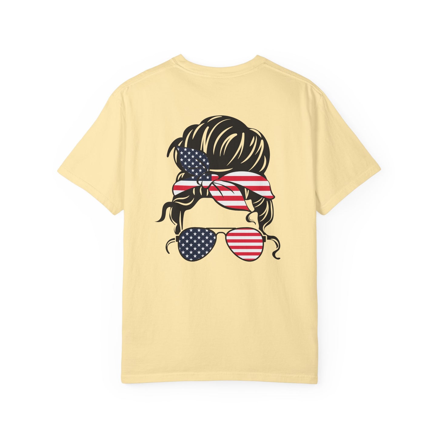 Patriotic Messy Bun T-Shirt — American Flag Bandana & Sunglasses