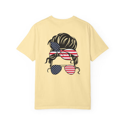 Patriotic Messy Bun T-Shirt — American Flag Bandana & Sunglasses