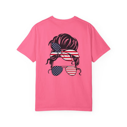Patriotic Messy Bun T-Shirt — American Flag Bandana & Sunglasses