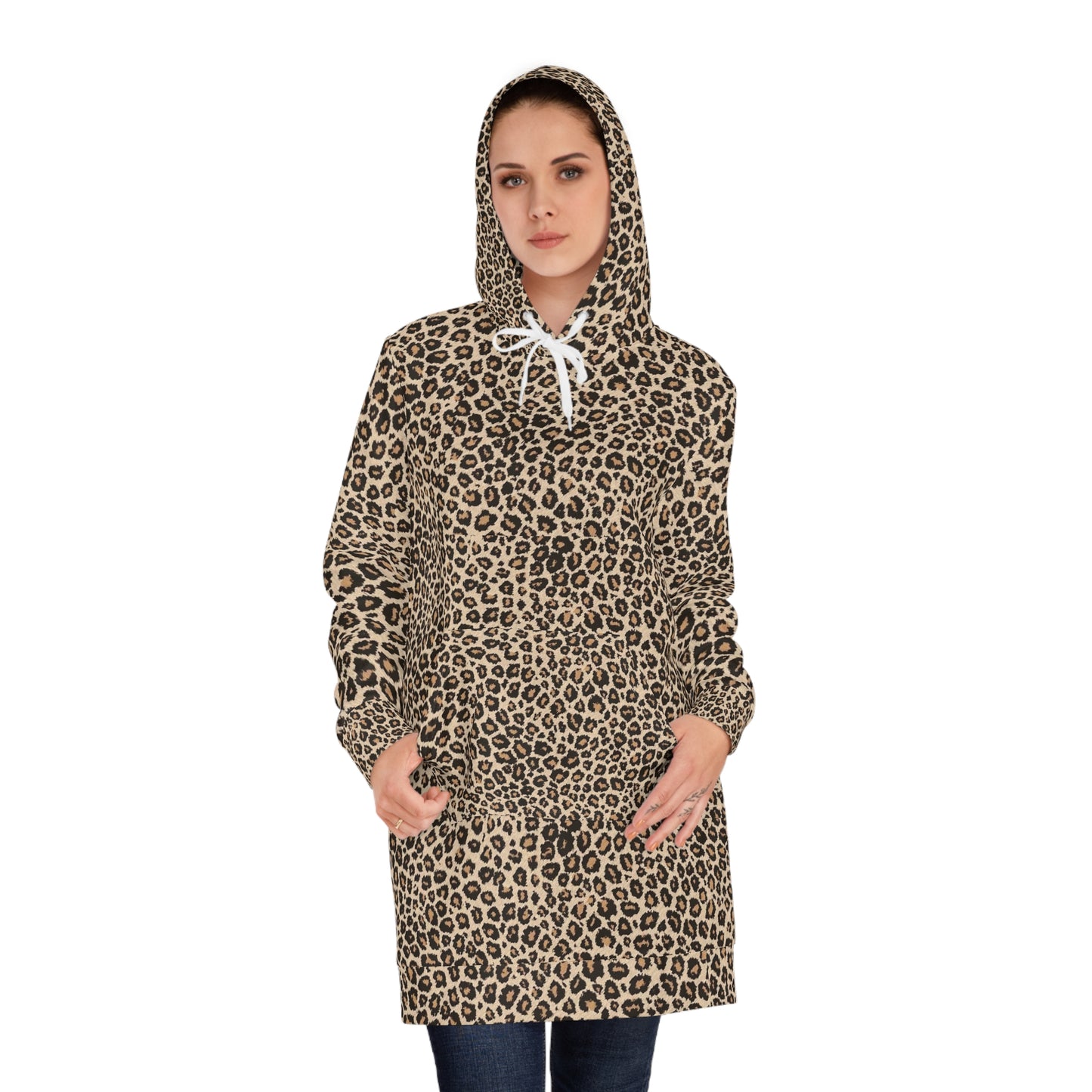 Leopard Print Hoodie Dress — Women's Cozy AOP Hooded Sweatshirt Dress