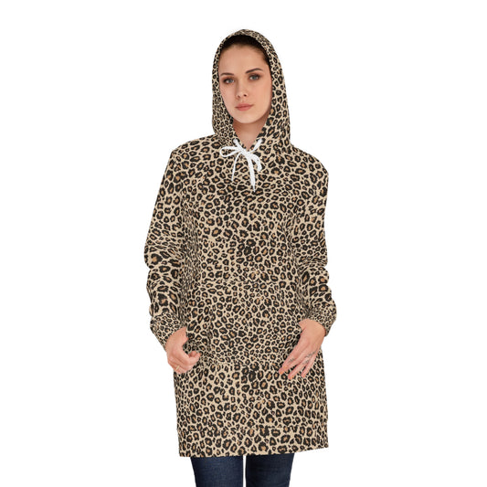 Leopard Print Hoodie Dress — Women's Cozy AOP Hooded Sweatshirt Dress
