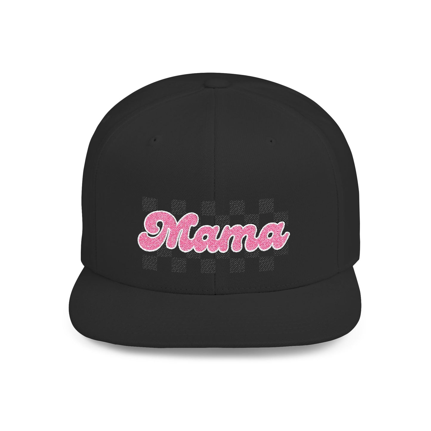 Mama Checkerboard Flat Bill Snapback Hat — Retro Pink Script Cap for Moms