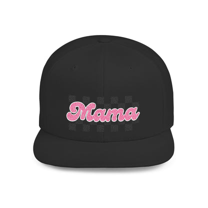Mama Checkerboard Flat Bill Snapback Hat — Retro Pink Script Cap for Moms