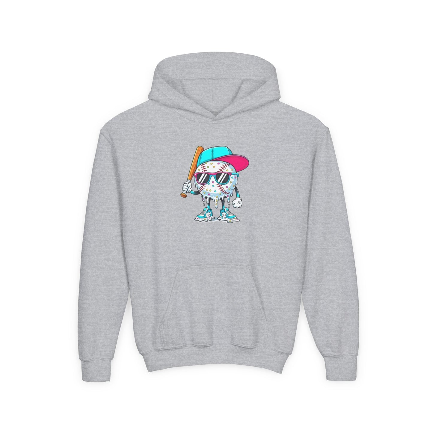 Youth Double Sided Baseball Hoodie — Colorful Dripping Ball & Cool Batter Graphic