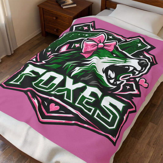Foxes Team Velveteen Plush Blanket — Pink Mascot Fox with Bow