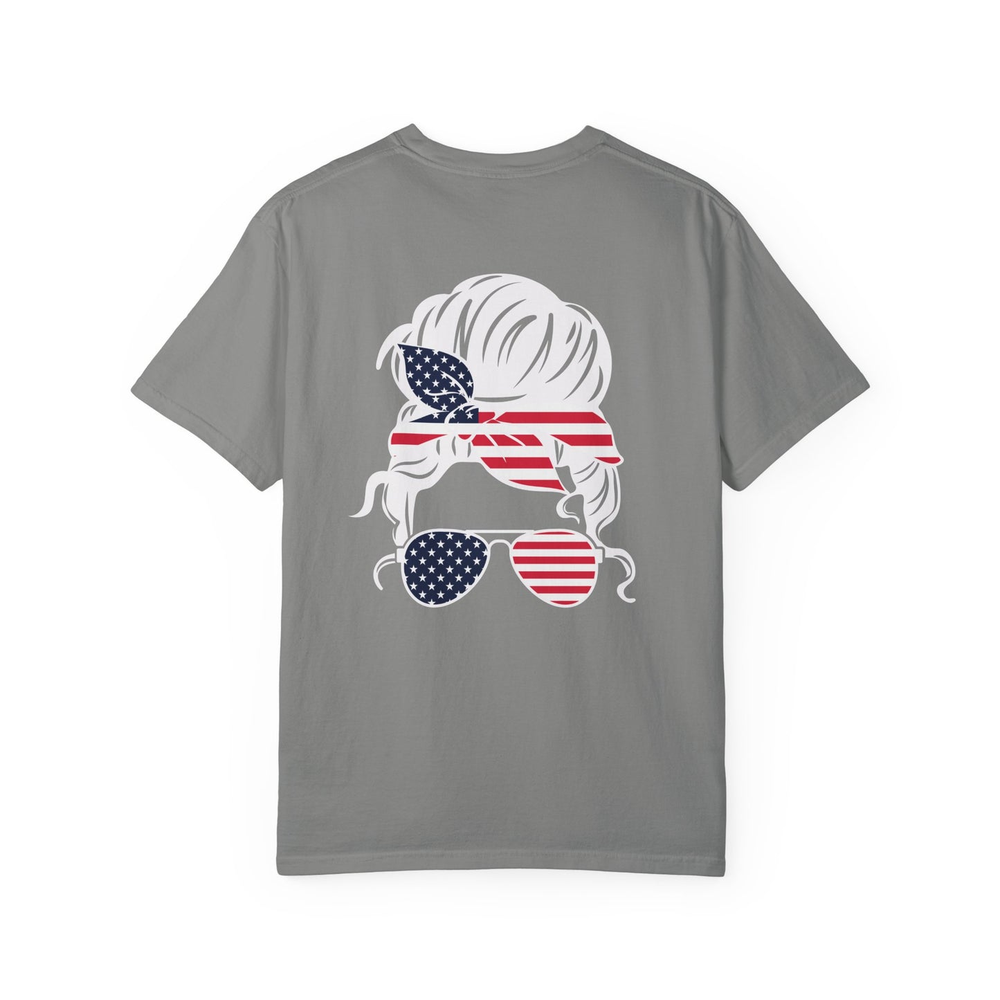 American Flag Messy Bun & Sunglasses with Patriotic Sunflower Back Tee