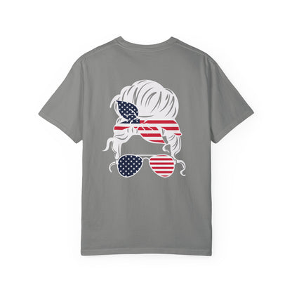 American Flag Messy Bun & Sunglasses with Patriotic Sunflower Back Tee