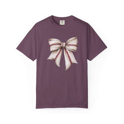 Baseball Stitch Bow T-Shirt — Cute Sports Ribbon Graphic Tee