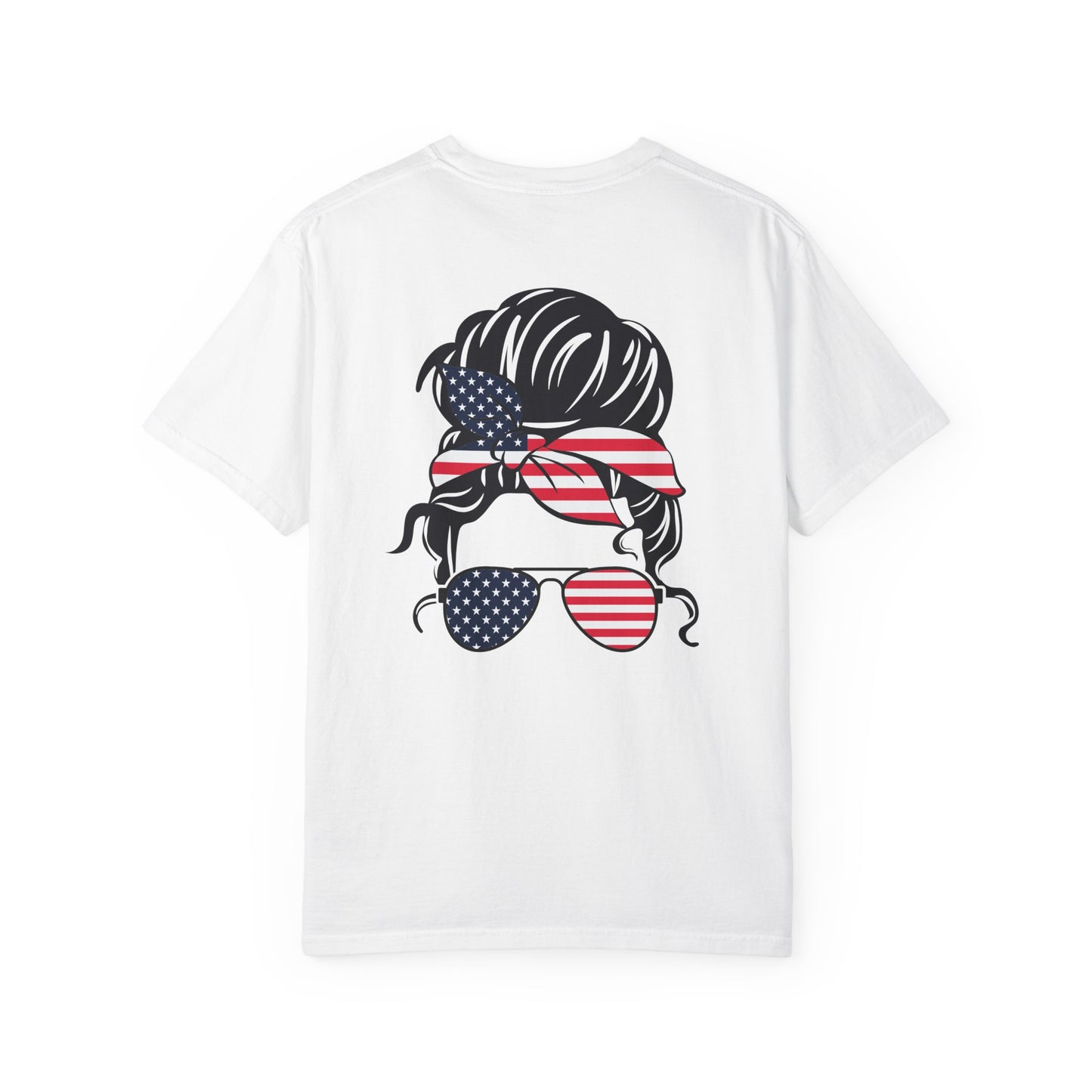 Patriotic Messy Bun T-Shirt — American Flag Bandana & Sunglasses