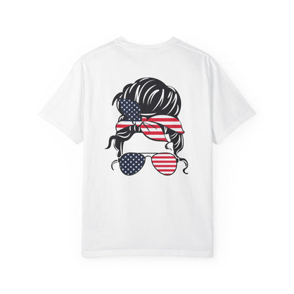 Patriotic Messy Bun T-Shirt — American Flag Bandana & Sunglasses