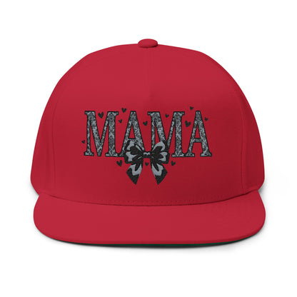 Mama Embroidered Flat Bill Cap — Floral Bow Mom Trucker Hat