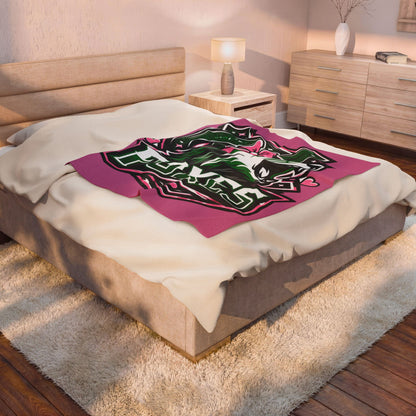 Foxes Team Velveteen Plush Blanket — Pink Mascot Fox with Bow