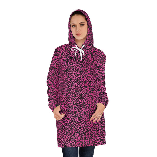 Pink Leopard Print Hoodie Dress — Women's Cozy AOP Hooded Tunic